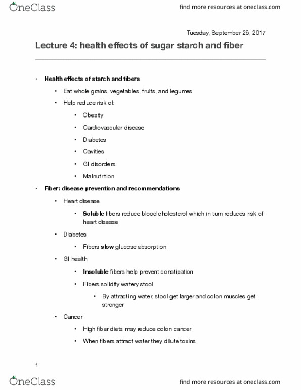 NUTR 222 Lecture Notes - Lecture 4: Cardiovascular Disease, Blood Sugar, Constipation thumbnail