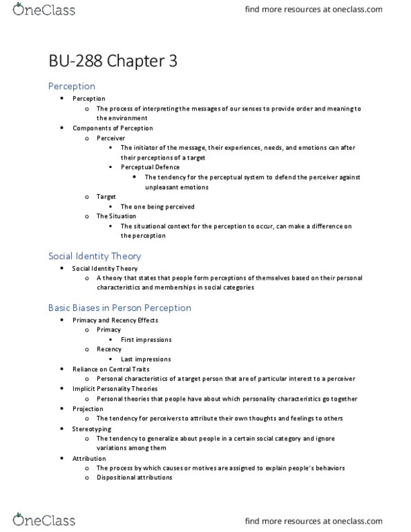 BU288 Chapter Notes - Chapter 3: Social Identity Theory, Job Performance, Fundamental Attribution Error thumbnail