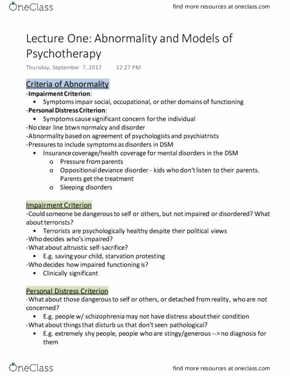 PSYCH 2AP3 Lecture Notes - Lecture 1: Syphilis, Cognitive Behavioral Therapy, Neurosis thumbnail