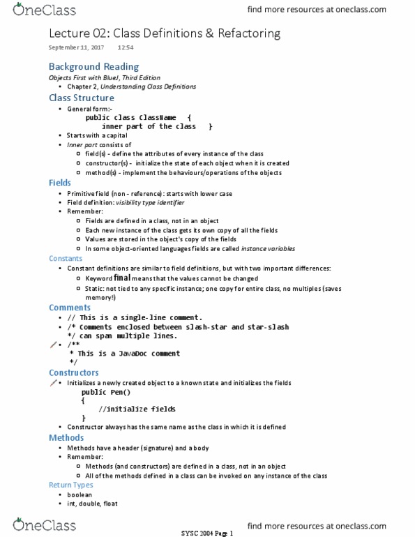 SYSC 2004 Lecture Notes - Lecture 2: Bluej, Javadoc, Code Smell thumbnail