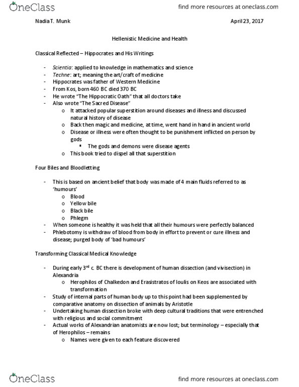 CLST 335 Lecture Notes - Lecture 23: Erasistratus, Herophilos, Natron thumbnail