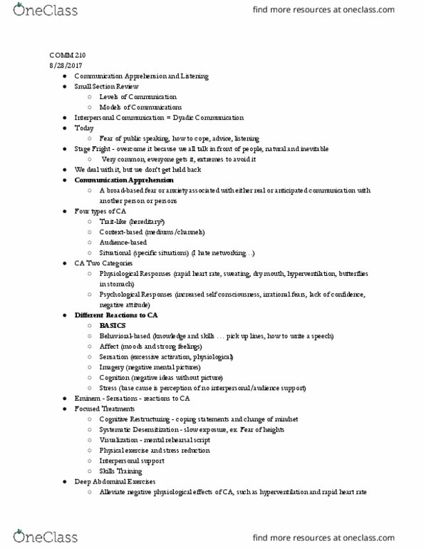 COMM 210 Lecture Notes - Lecture 2: Xerostomia, Communication Apprehension, Tachycardia thumbnail