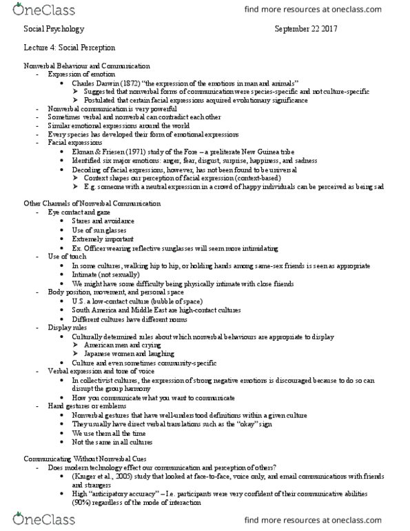 PSY 2110 Lecture Notes - Lecture 4: Fundamental Attribution Error, Nonverbal Communication, Eye Contact thumbnail