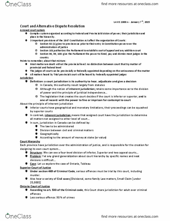 LAWS 1000 Lecture Notes - Lecture 1: Youth Criminal Justice Act, Alternative Dispute Resolution, Canadian Judicial Council thumbnail