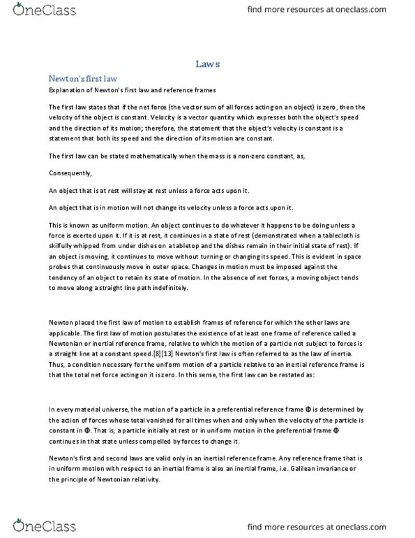 PHYS 2212L Chapter Notes - Chapter Newtons Law: Inertial Frame Of Reference, Circular Motion, Galilean Invariance thumbnail