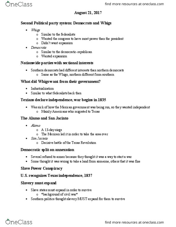 HIST 201 Lecture Notes - Lecture 2: Southern Democrats, Slave Power, Party System thumbnail