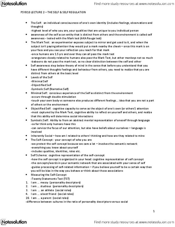 PSYB10H3 Lecture Notes - Frontal Lobe, Centrality, Hazel Rose Markus thumbnail