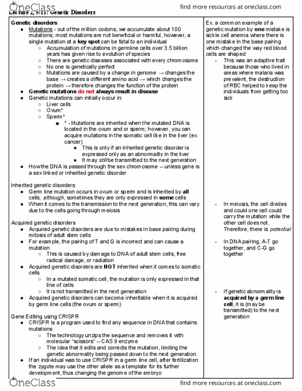 NURS 245 Lecture Notes - Lecture 2: Germline Mutation, Adult Stem Cell, Genomic Imprinting thumbnail