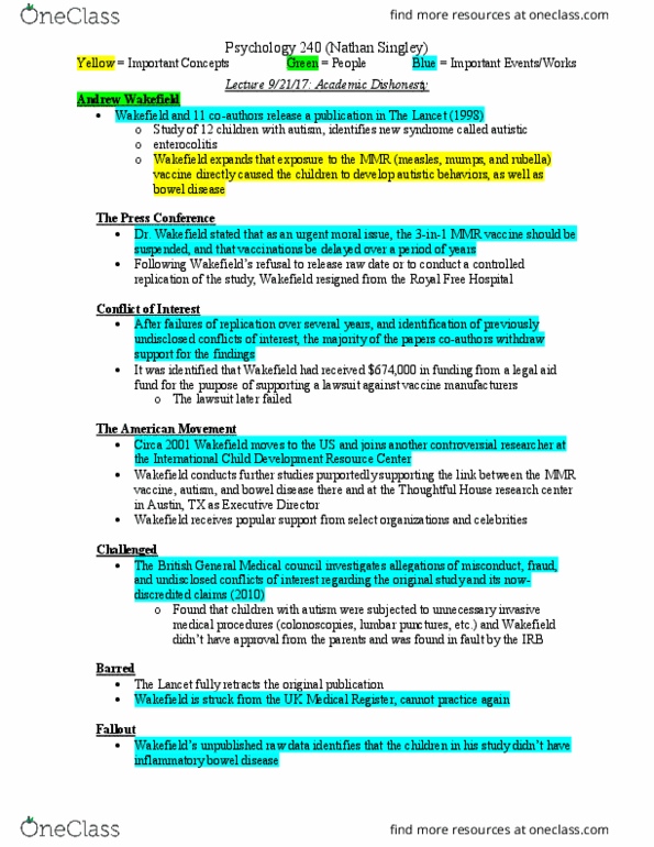 PSY 240 Lecture Notes - Lecture 5: General Medical Council, Royal Free Hospital, Andrew Wakefield thumbnail