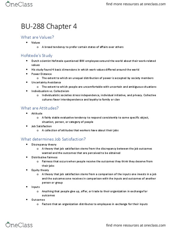 BU288 Chapter Notes - Chapter 4: Job Satisfaction, Discrepancy Theory, Equity Theory thumbnail