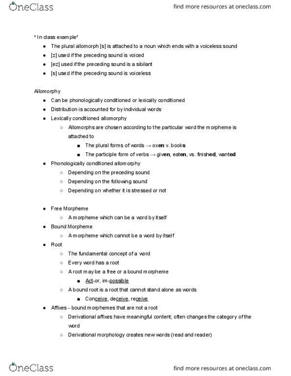 LING477 Lecture Notes - Lecture 8: Bound And Unbound Morphemes, Allomorph, Sibilant thumbnail