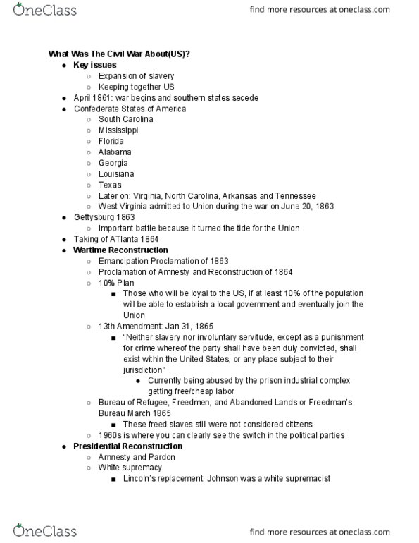 LAS 260 Lecture Notes - Lecture 10: Emancipation Proclamation, Involuntary Servitude, Fifteenth Amendment To The United States Constitution thumbnail