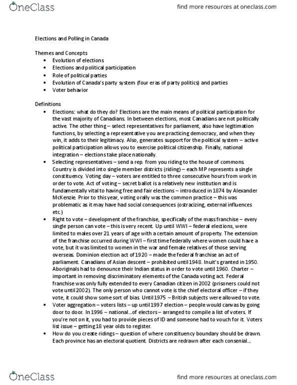 POL 2101 Lecture Notes - Lecture 12: Canada Elections Act, List Of Political Parties In Canada, Secret Ballot thumbnail