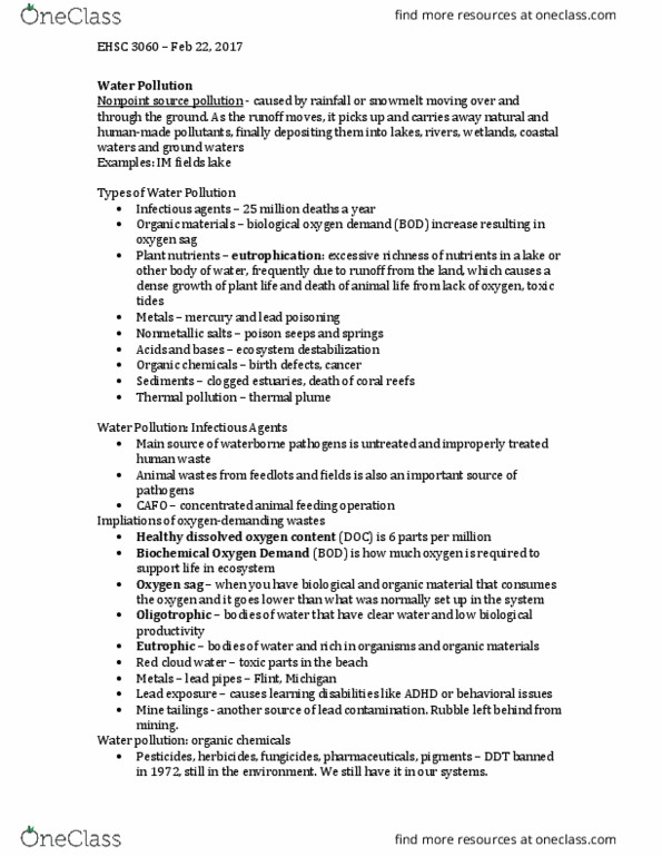 POLS 1101 Lecture Notes - Lecture 11: Concentrated Animal Feeding Operation, Biochemical Oxygen Demand, Nonpoint Source Pollution thumbnail