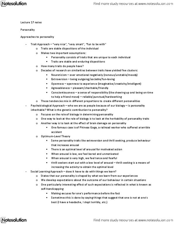 PSY100H1 Lecture Notes - Lecture 17: Headache, Conscientiousness, Neuroticism thumbnail