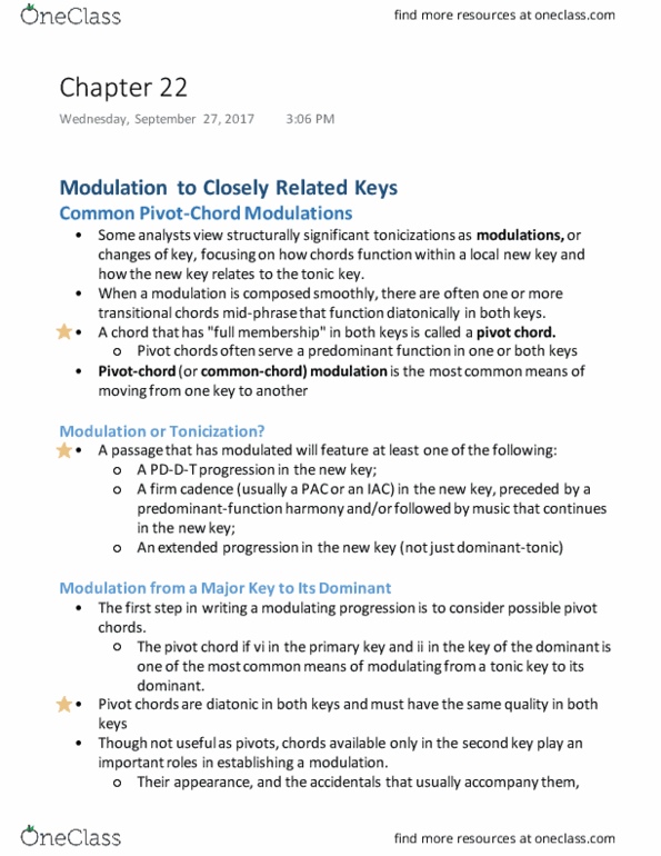 MUSC 132 Chapter Notes - Chapter 22: Relative Key, Unique Key, Tonicization thumbnail