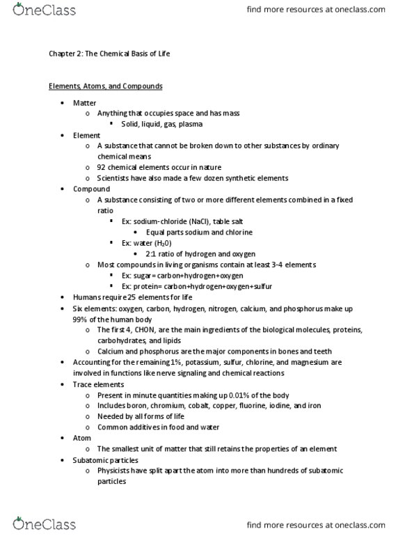 BIOL 1210 Chapter Notes - Chapter 2: Subatomic Particle, Electron Shell, Ionic Bonding thumbnail