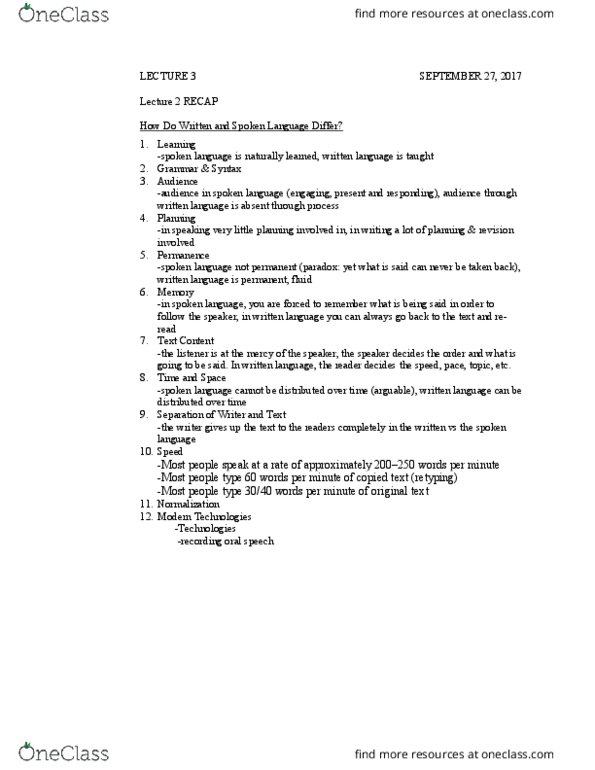 WRIT 2003 Lecture Notes - Lecture 3: Language Change, Recap (Software), Linda Flower thumbnail