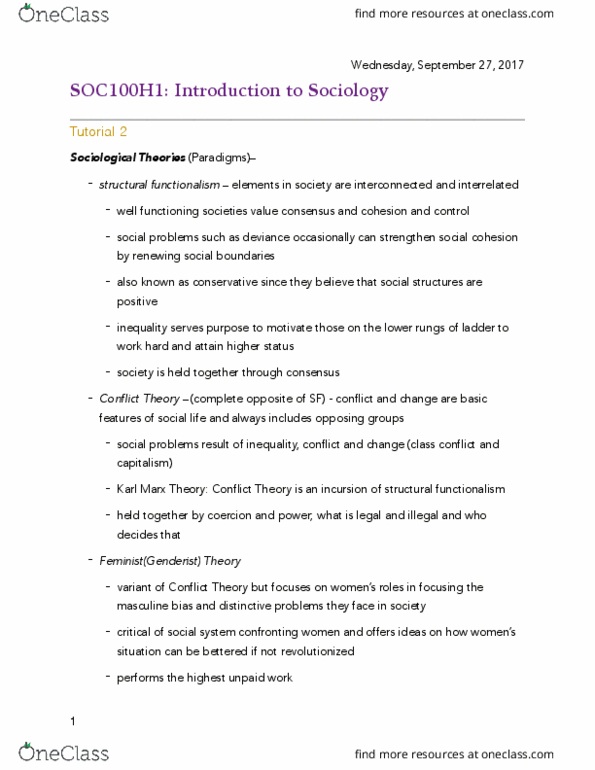 SOC100H1 Chapter Notes - Chapter Week 2: Intersectionality, Symbolic Interactionism, Structural Functionalism thumbnail