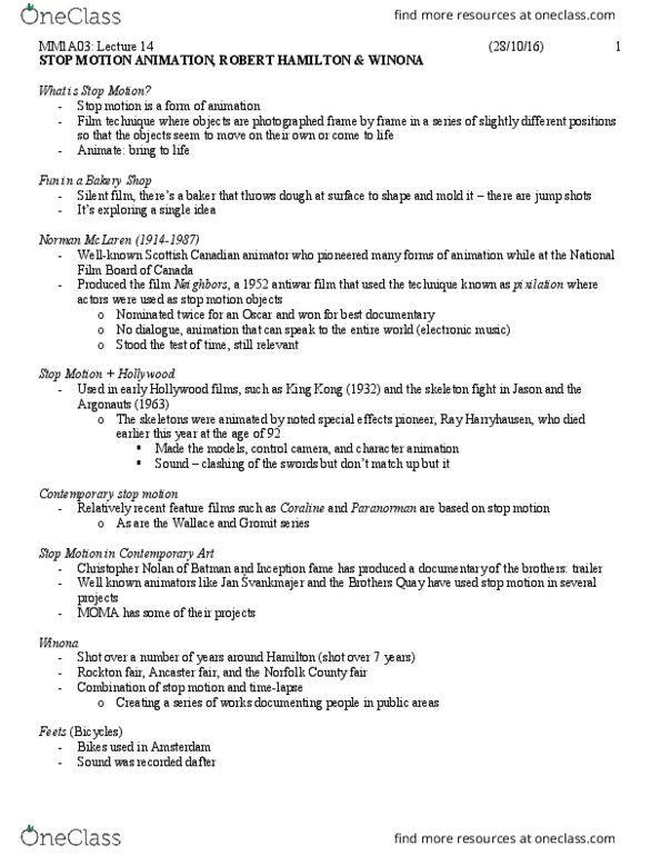 MMEDIA 1A03 Lecture Notes - Lecture 14: Ray Harryhausen, Norman Mclaren, Stop Motion thumbnail