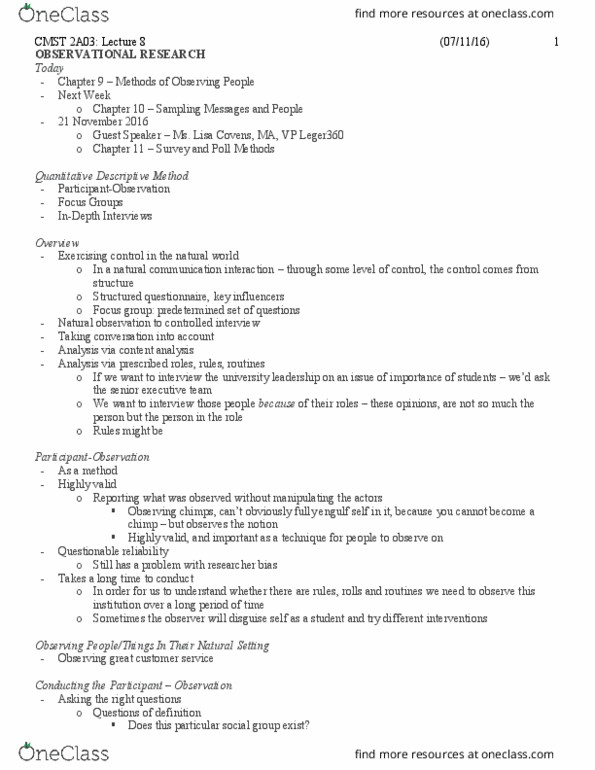 CMST 2A03 Lecture Notes - Lecture 8: Participant Observation, Focus Group, Content Analysis thumbnail