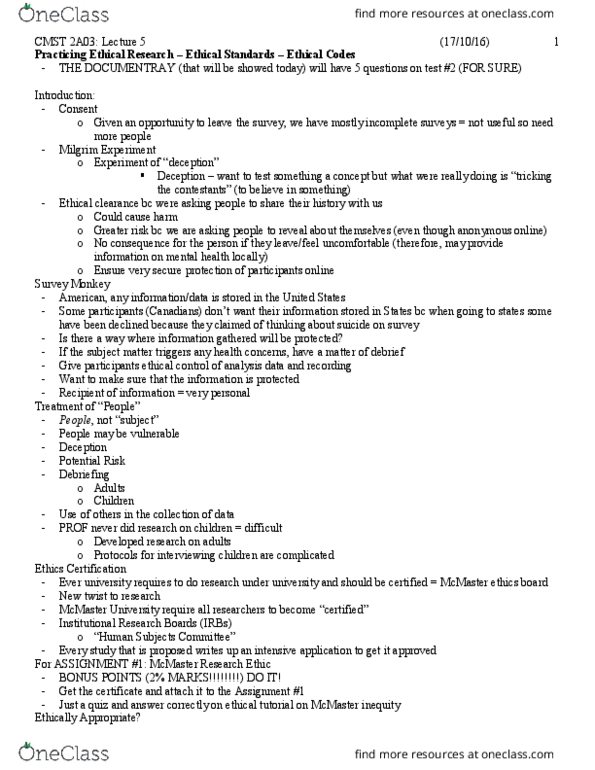 CMST 2A03 Lecture Notes - Lecture 5: Surveymonkey, Content Analysis, Brookfield Asset Management thumbnail