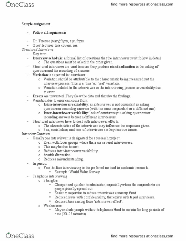 CMST 2A03 Lecture Notes - Lecture 10: Survey Data Collection, Computer-Assisted Telephone Interviewing, Social Desirability Bias thumbnail