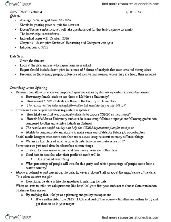 CMST 2A03 Lecture Notes - Lecture 4: Descriptive Statistics, Statistical Inference, Categorical Variable thumbnail