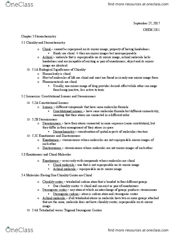 CHEM 2311 Chapter Notes - Chapter 5: Stereocenter, Polarimeter, Chemical Formula thumbnail