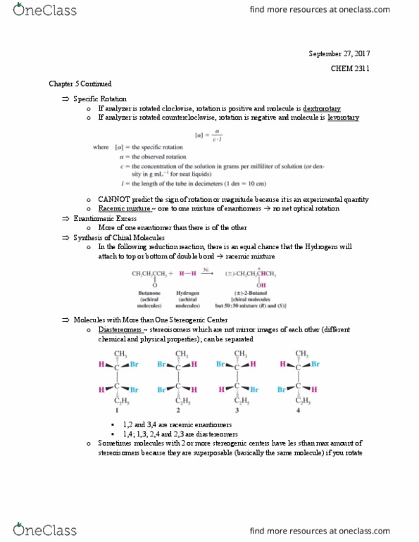 CHEM 2311 Lecture Notes - Lecture 10: Racemic Mixture, Dextrorotation And Levorotation, Optical Rotation thumbnail