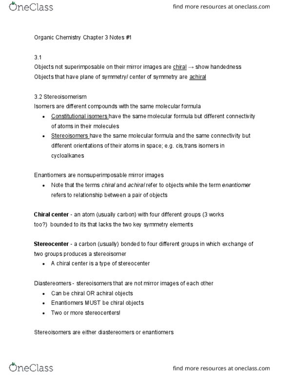 CH 320M Chapter Notes - Chapter 3: Stereocenter, Chemical Formula, Stereoisomerism thumbnail