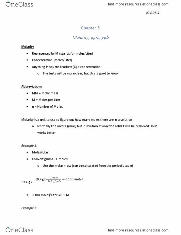 CHEM 1127Q Lecture Notes - Lecture 6: Molar Mass, Molar Concentration thumbnail