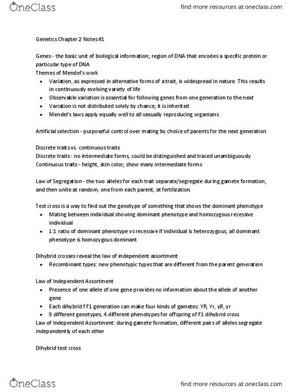 BIO 325 Chapter Notes - Chapter 2: Selective Breeding, Gamete, Zygosity thumbnail