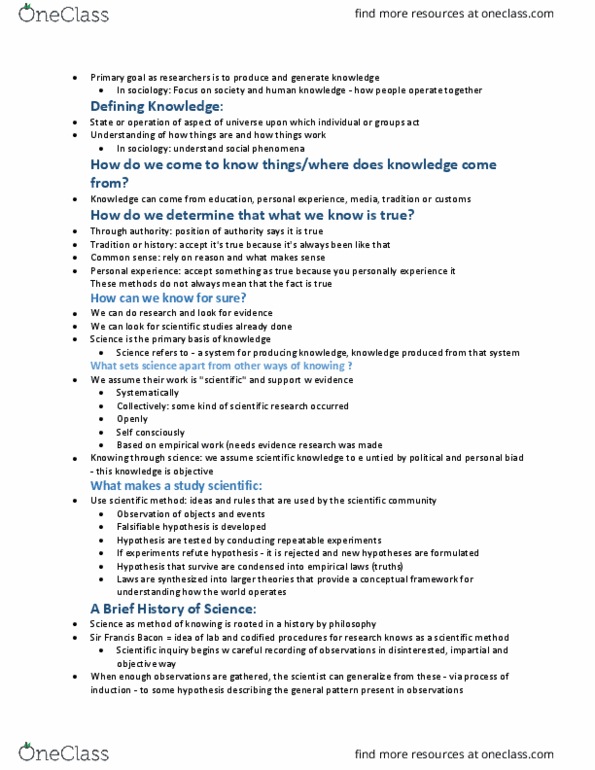 SOCI 2000 Lecture Notes - Lecture 1: Knowledge Engineering, Scientific Method, Scientific Community thumbnail