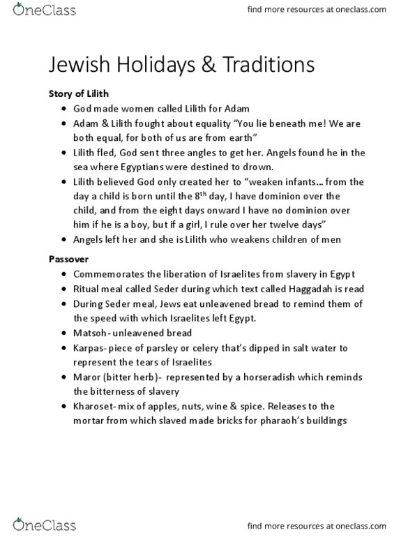 HUMA 1860 Lecture Notes - Lecture 3: Jewish Holidays, Passover Seder, Israelites thumbnail