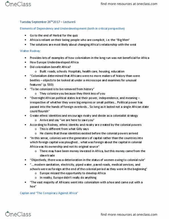 POLS 3000 Lecture Notes - Lecture 6: How Europe Underdeveloped Africa, Walter Rodney, Modernization Theory thumbnail