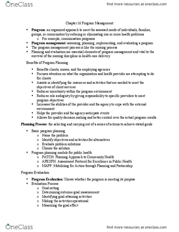 NURS 4440 Chapter Notes - Chapter 16: Program Management, Role Conflict, Nursing Process thumbnail