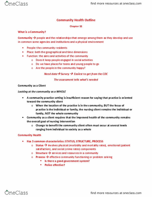 NURS 4440 Chapter 12: Community Health Outline Chapter 12: thumbnail