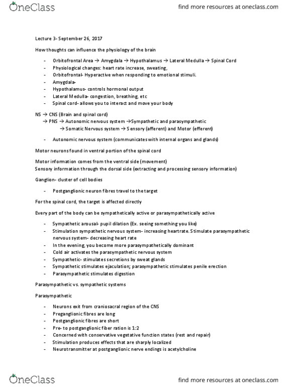 PSYC 2200H Lecture Notes - Lecture 3: Parasympathetic Nervous System, Medial Lemniscus, Sympathetic Nervous System thumbnail