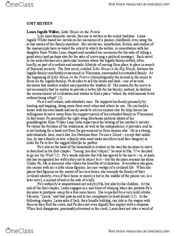 English 2033E Lecture Notes - Lecture 16: Laura Ingalls Wilder, Rose Wilder Lane, Brindle thumbnail