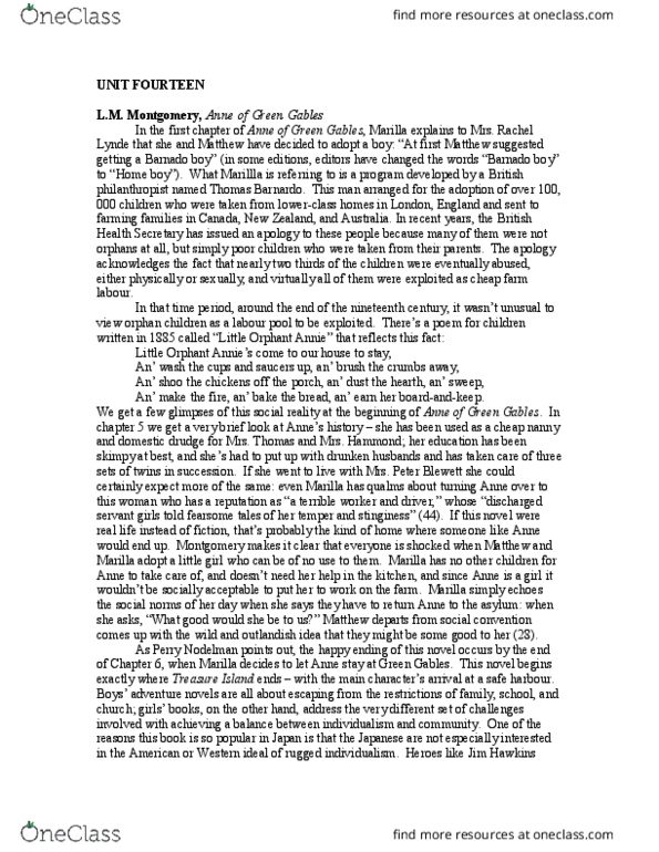 English 2033E Lecture Notes - Lecture 14: Thomas John Barnardo, Anne Of Green Gables, Outlandish thumbnail
