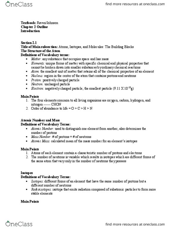 BIOL 151 Chapter 2.1, 2.2: Jennings Biology 151 - Water (Water, Isotopes, Ions, and Molecules) thumbnail