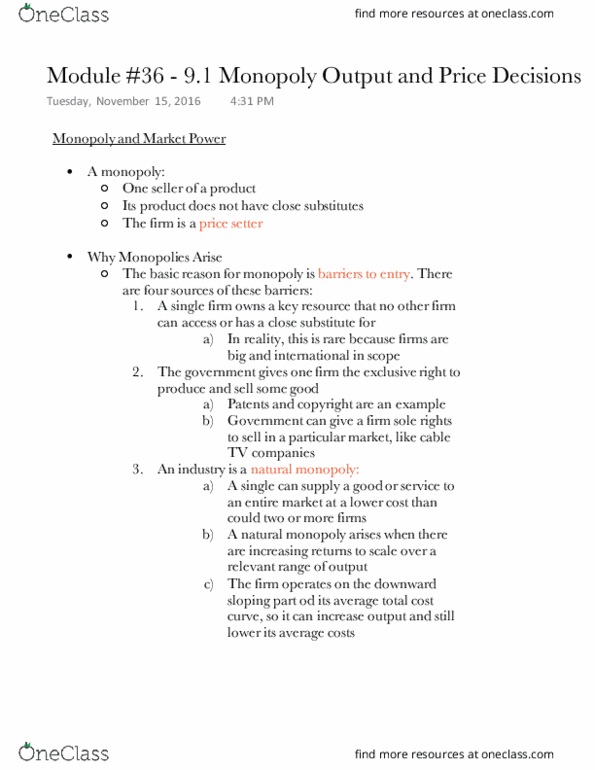 ECON 1B03 Lecture Notes - Lecture 12: Natural Monopoly, Demand Curve thumbnail
