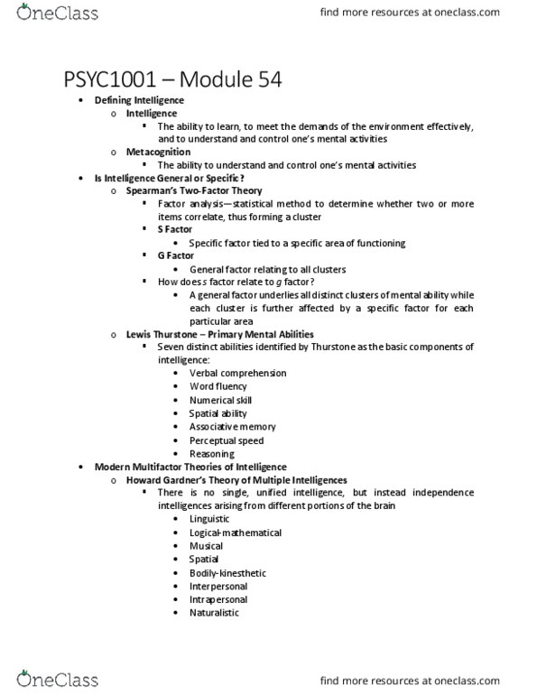 PSYC 1001 Chapter Notes - Chapter 54: Spatial Ability, Metacognition, Theory Of Multiple Intelligences thumbnail