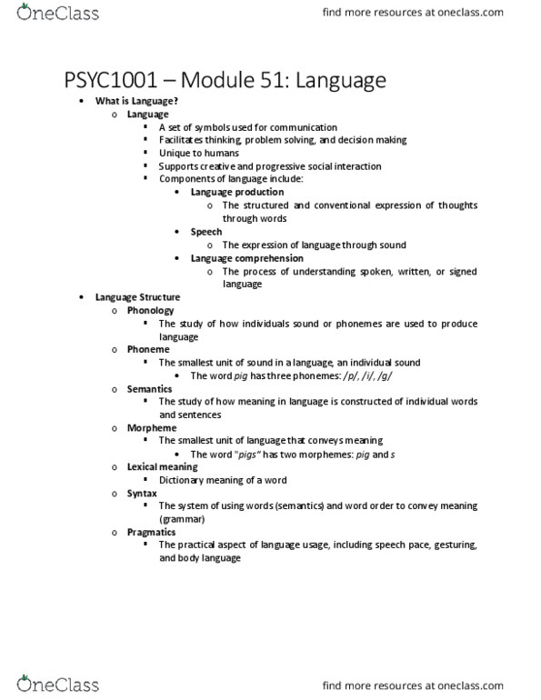 PSYC 1001 Chapter Notes - Chapter 51: Language Acquisition Device, Universal Grammar, Phoneme thumbnail