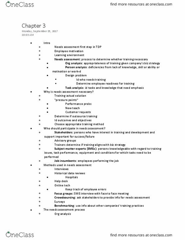 HRD 3340 Chapter Notes - Chapter 3: Needs Assessment, Task Analysis, Job Analysis thumbnail