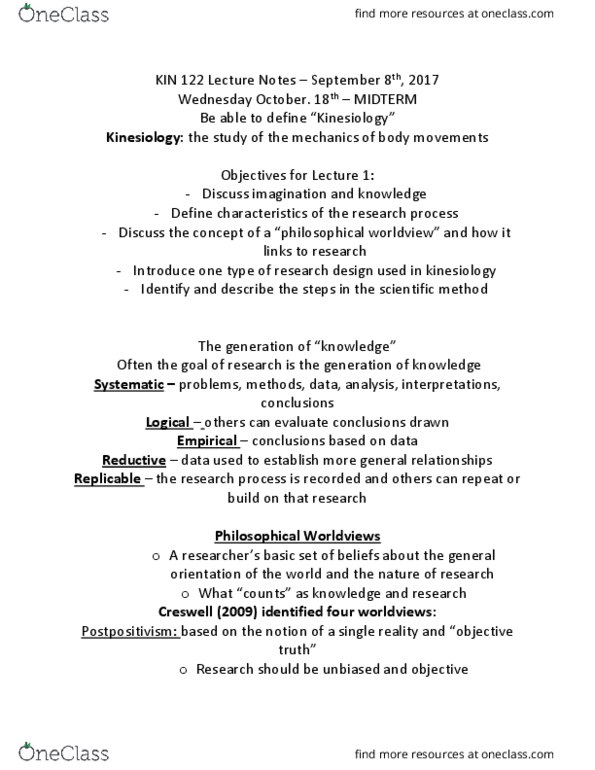 KIN 122 Lecture Notes - Lecture 7: Quantitative Research, Postpositivism, Scientific Method thumbnail