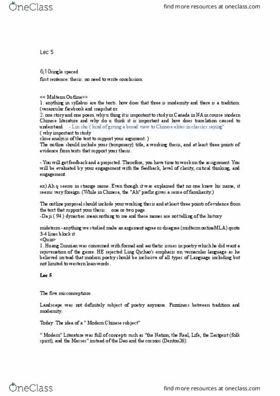 EAS284H1 Lecture Notes - Lecture 4: Huang Zunxian, Daji, Qing Dynasty thumbnail