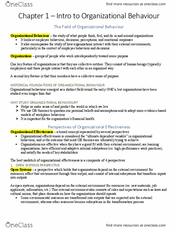 COMM-2046EL Chapter Notes - Chapter 1: Organizational Effectiveness, Organizational Learning, Human Capital thumbnail