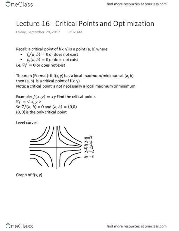 MATH 1920 Lecture Notes - Lecture 16: Derivative Test, Saddle Point, Maxima And Minima thumbnail